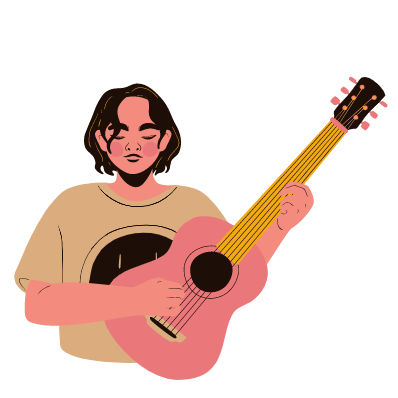 colorful illustration of a young person holding their acoustic guitar in an upright position