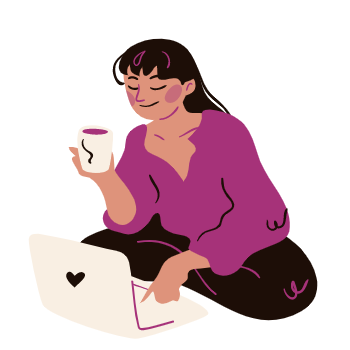 colorful illustration of a person watching video on their laptop while sipping a cup of tea