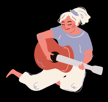 colorful illustration of a young person with a ponytail strumming an acoustic guitar