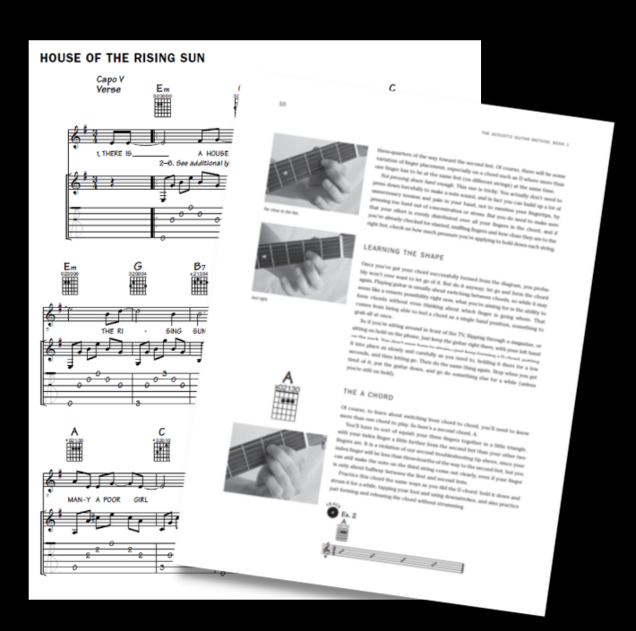 sample pages from the Acoustic Guitar Method showing how to play an A major chord on guitar and music for house of the rising sun